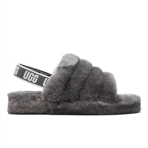 NEW UGG kid's fluff yeah slide in charcoal - Picture 1 of 4